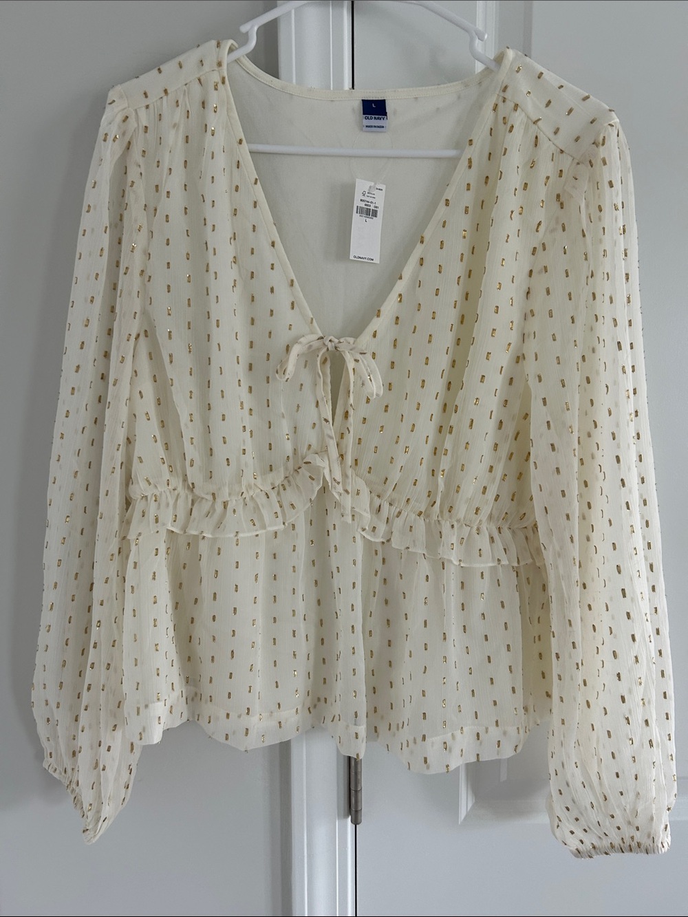 Old Navy Cream Blouse with Gold Dot Tie Front
